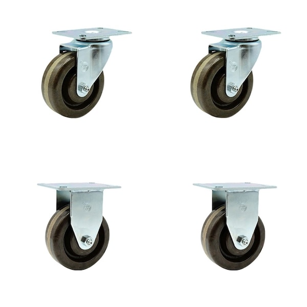 4'' High Temp Phenolic Wheel Swivel Top Plate Caster Set with 2 Rigid, 4PK